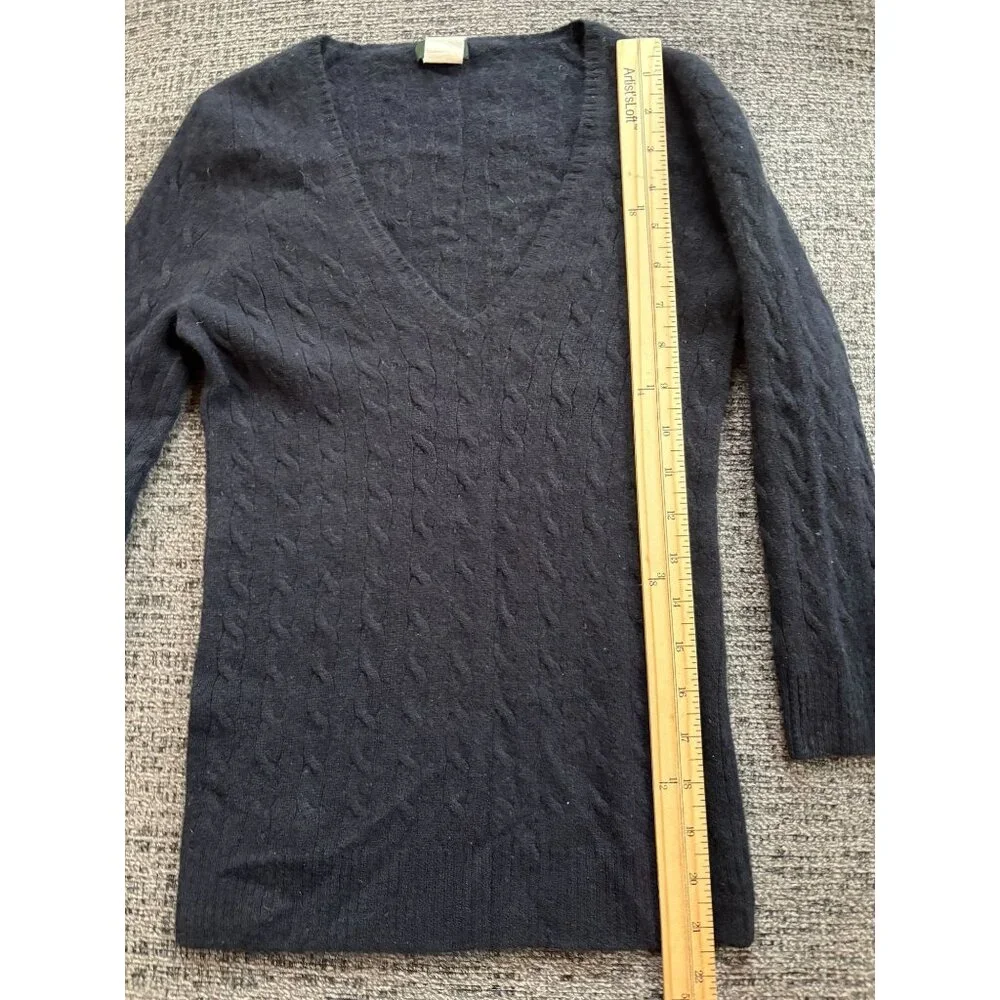 J. Crew‎ Womens Black V-Neck Cable Knit 100% Cashmere Sweater Size S
